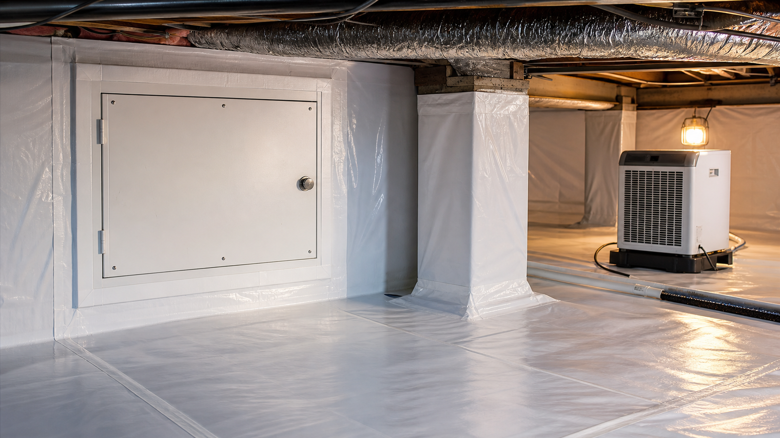Sealed crawlspace access panel with vapor barrier and dehumidifier