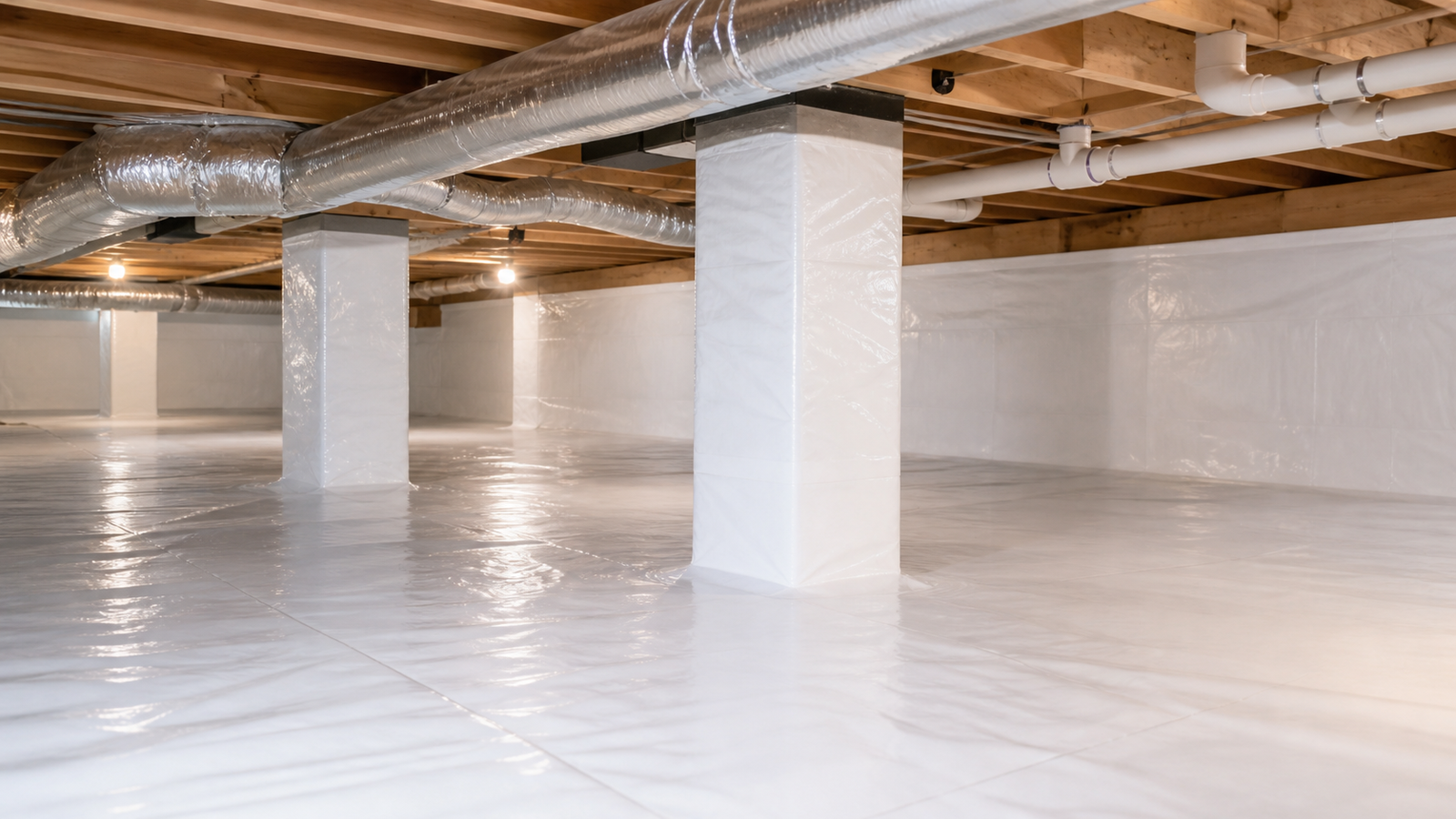 Clean crawlspace encapsulation with white vapor barrier and wrapped foundation piers