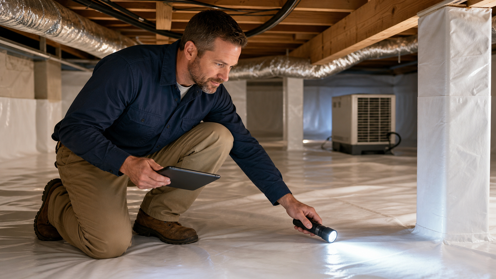 Contractor inspecting a sealed crawlspace with a flashlight and tablet