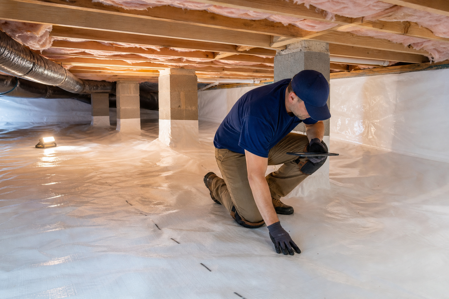 Contractor inspecting a sealed crawlspace with a flashlight and tablet