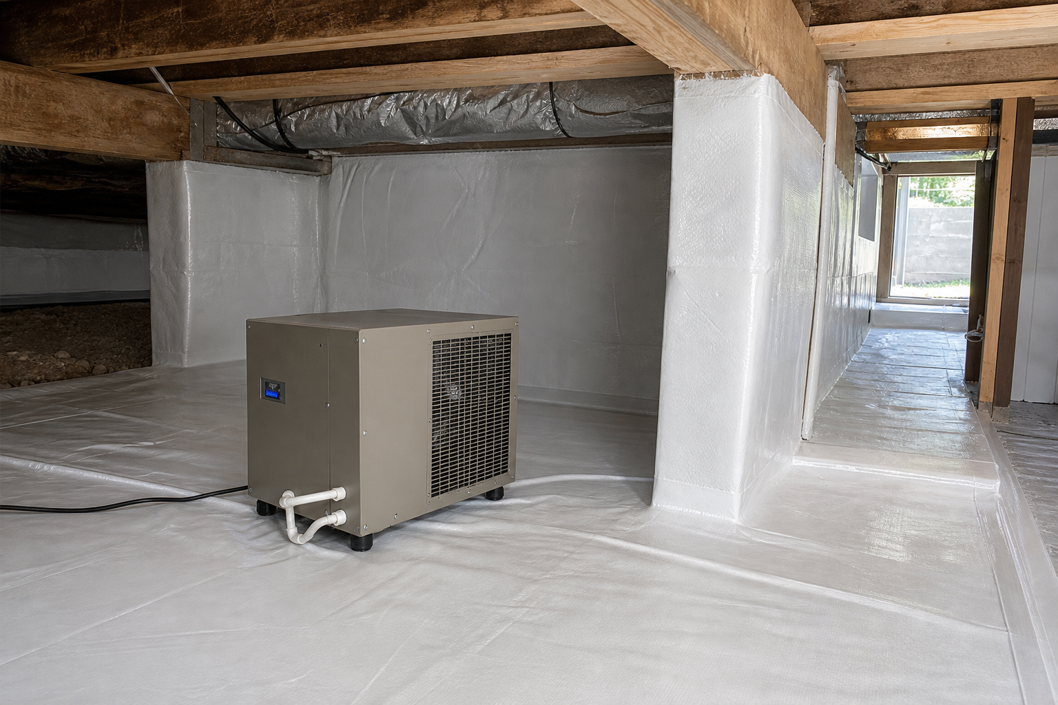 Sealed crawlspace access panel with vapor barrier and dehumidifier