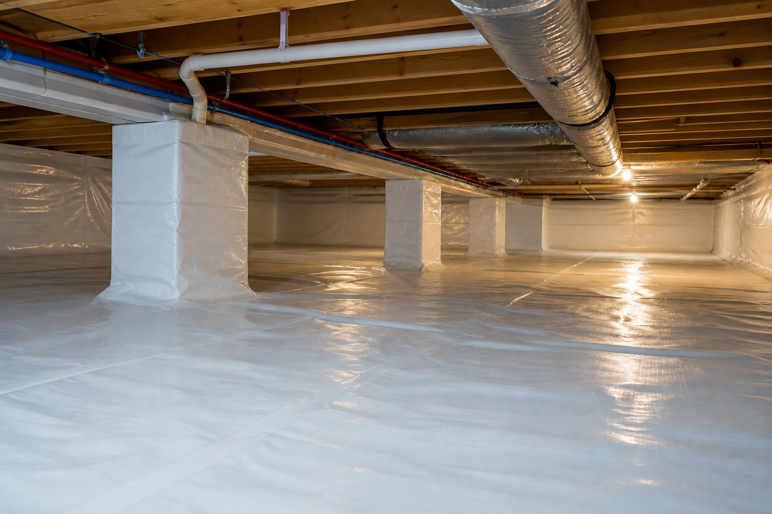 Clean crawlspace encapsulation with white vapor barrier and wrapped foundation piers