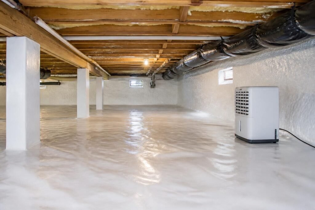 Finished crawl space with vapor barrier, insulation, and dehumidifier installed