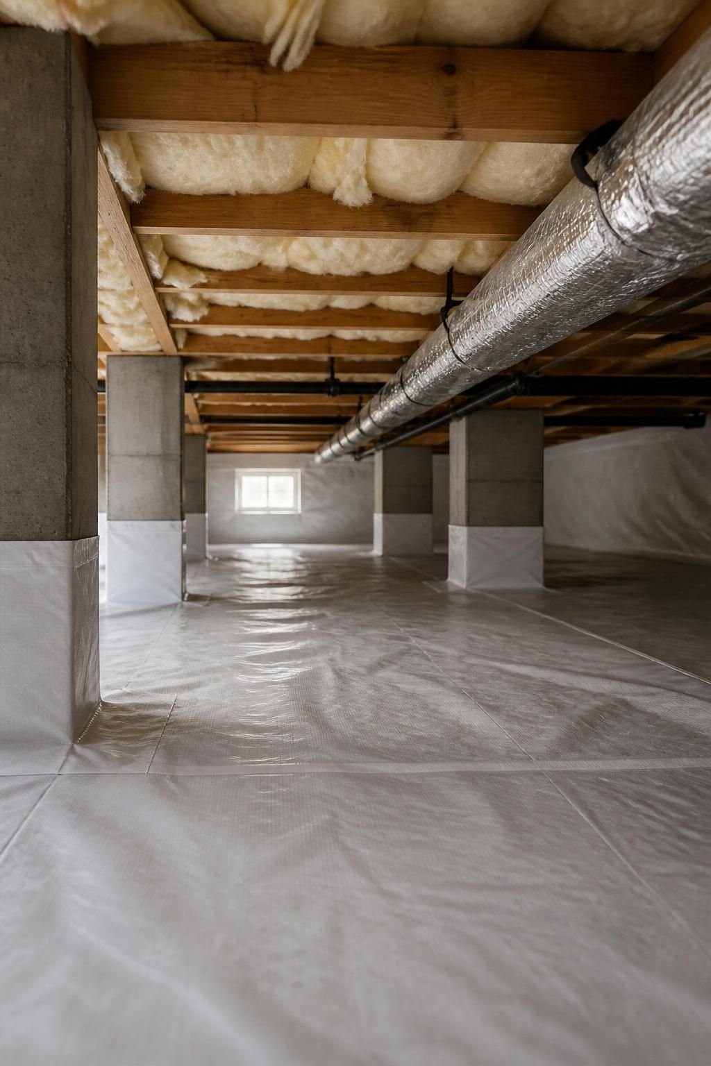 Clean crawl space interior with sealed liner and installed insulation