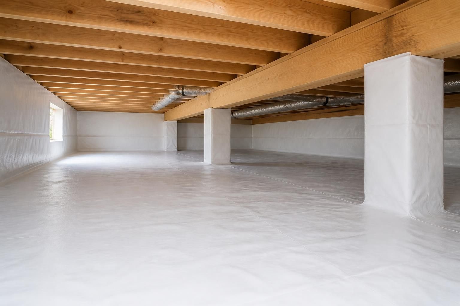 Wide view of a clean encapsulated crawl space with open space