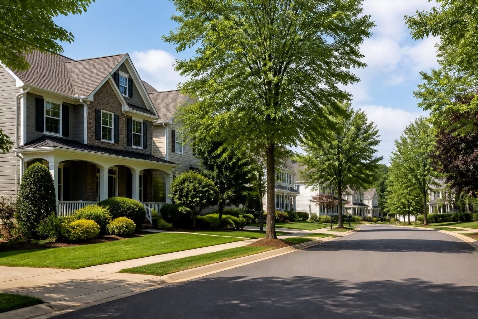 Welcoming suburban neighborhood street in Huntersville, North Carolina